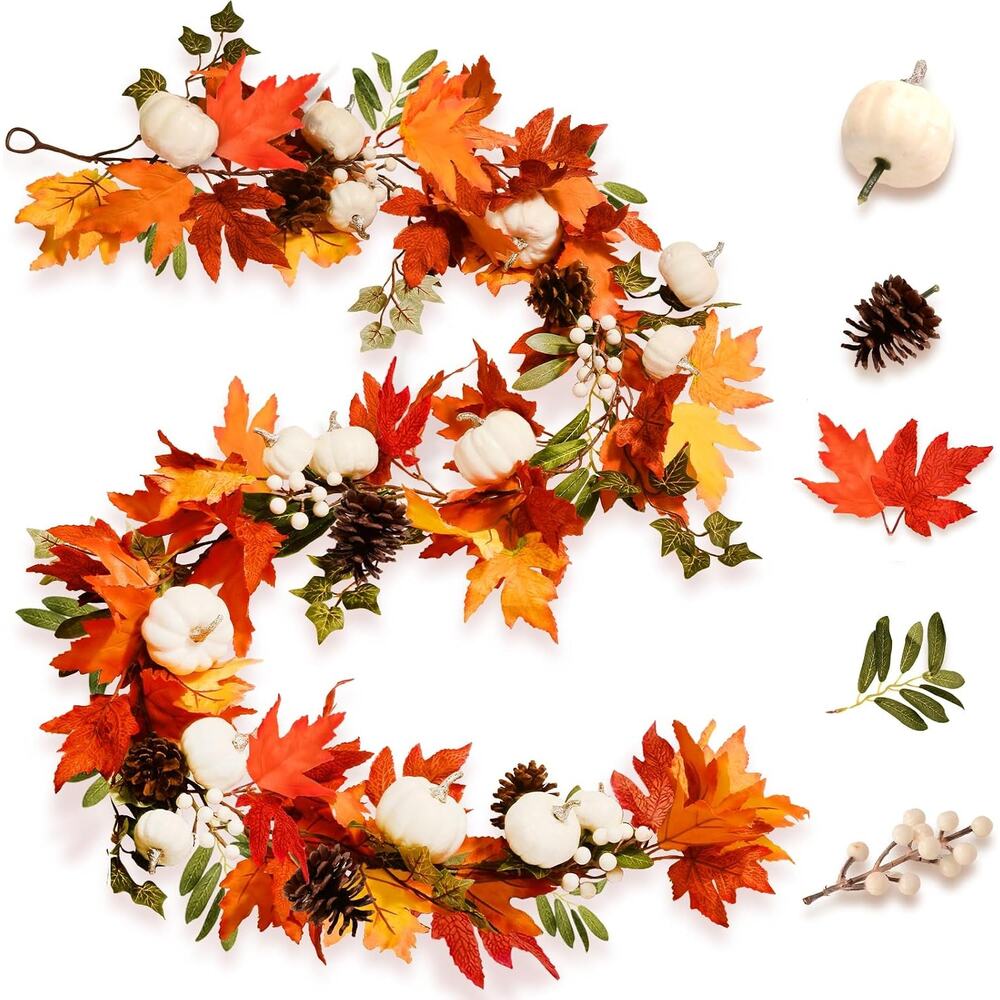 6.2FT Fall Garland with White Pumpkins Maple Leaves Pinecones Thanksgiving Decor